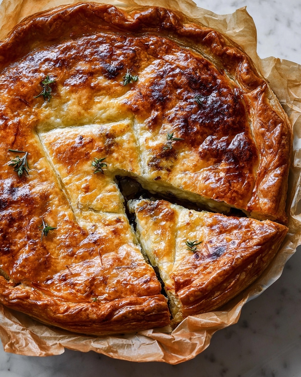 A golden brown pie with a shiny, flaky crust that has slightly darker browned patches and small sprigs of green herbs scattered on top, sitting in a white bowl lined with crumpled parchment paper. The pie is cut into slices, with one slice slightly pulled out showing a hint of dark filling beneath the crust. The edge crust is puffed and crispy, slightly wrinkled with a light sheen. The pie rests on a white marbled surface. photo taken with an iphone --ar 4:5 --v 7