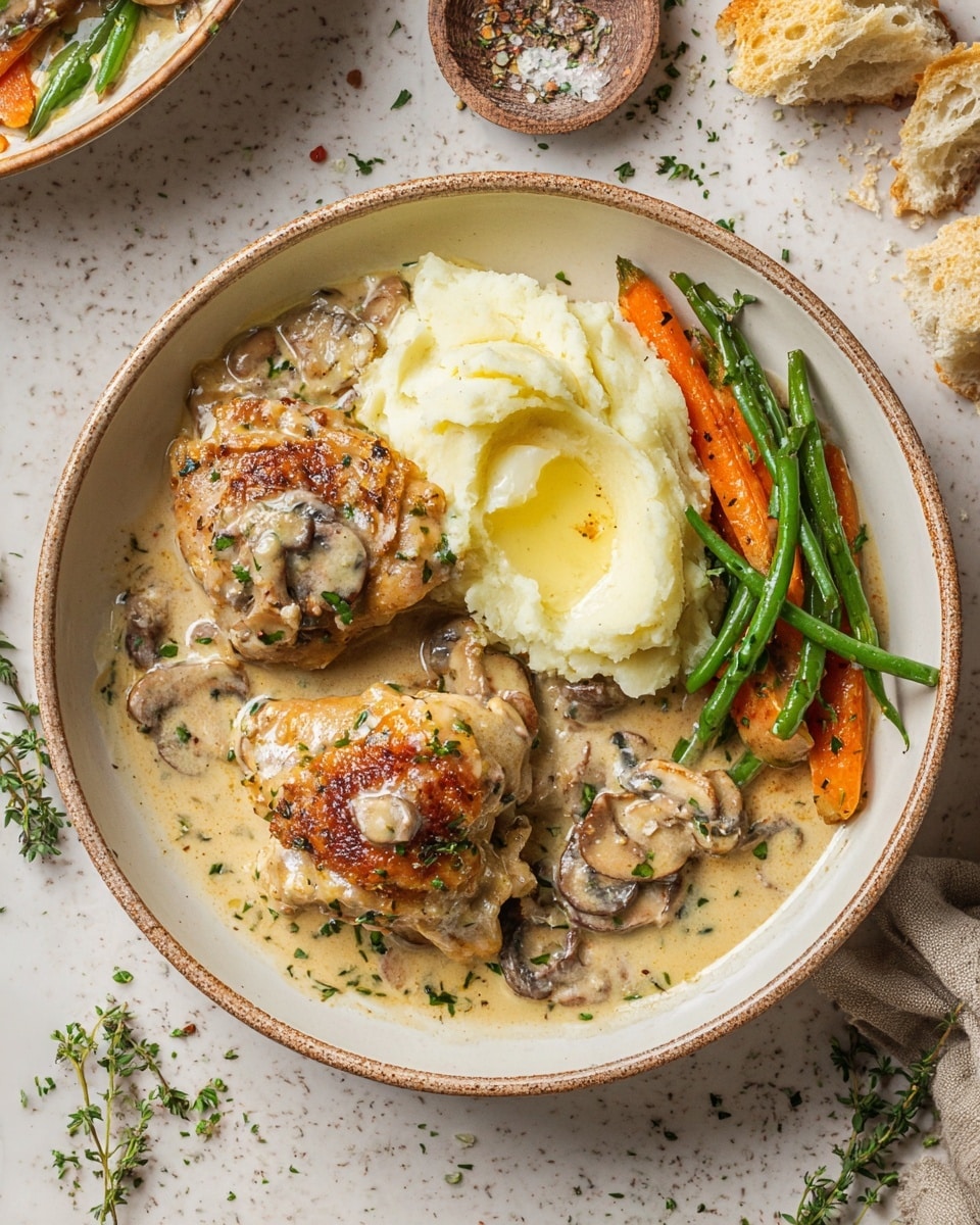 A white bowl contains three sections: on one side are two pieces of browned chicken thighs covered in light brown creamy mushroom sauce with visible chunks of mushrooms and bits of herbs. Next to the chicken is a scoop of mashed potatoes topped with melted butter, showing a soft, creamy texture. The last section of the bowl has roasted carrots and green beans, lightly charred with a slightly shiny surface. The bowl sits on a white marbled surface with scattered herbs around, and a broken piece of bread is visible nearby. Photo taken with an iphone --ar 4:5 --v 7