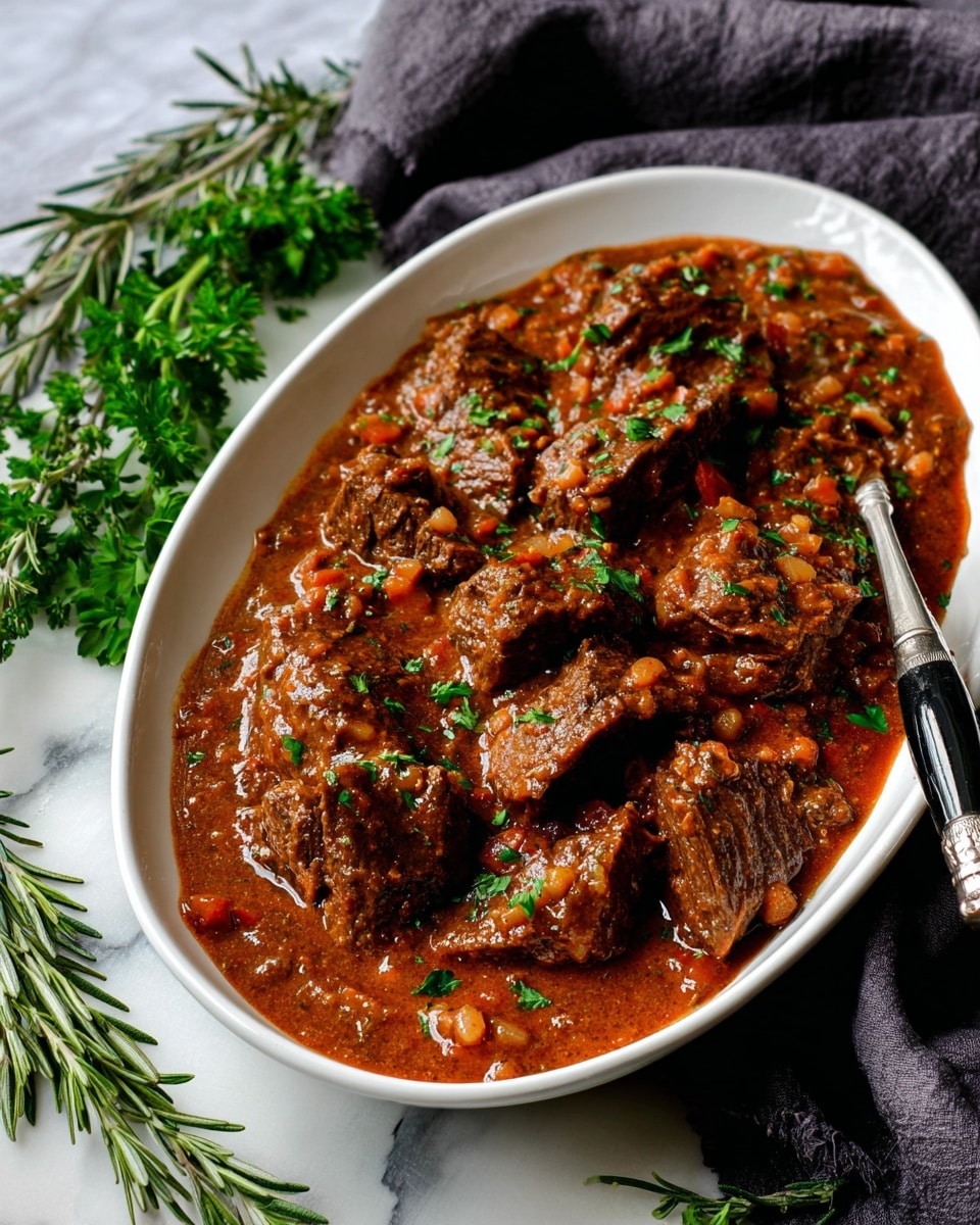 The image shows an oval white plate filled with a thick, brown stew that has visible chunks of cooked beef layered throughout. The beef pieces are large and dark brown with a tender texture, partly submerged in a rich, chunky reddish-brown sauce mixed with small bits of vegetables and herbs. The stew is garnished with small, bright green chopped parsley scattered over the meat. The plate rests on a white marbled surface with a dark cloth nearby, a metal meat fork with a black handle placed close by, and fresh sprigs of rosemary and parsley accenting the side. photo taken with an iphone --ar 4:5 --v 7