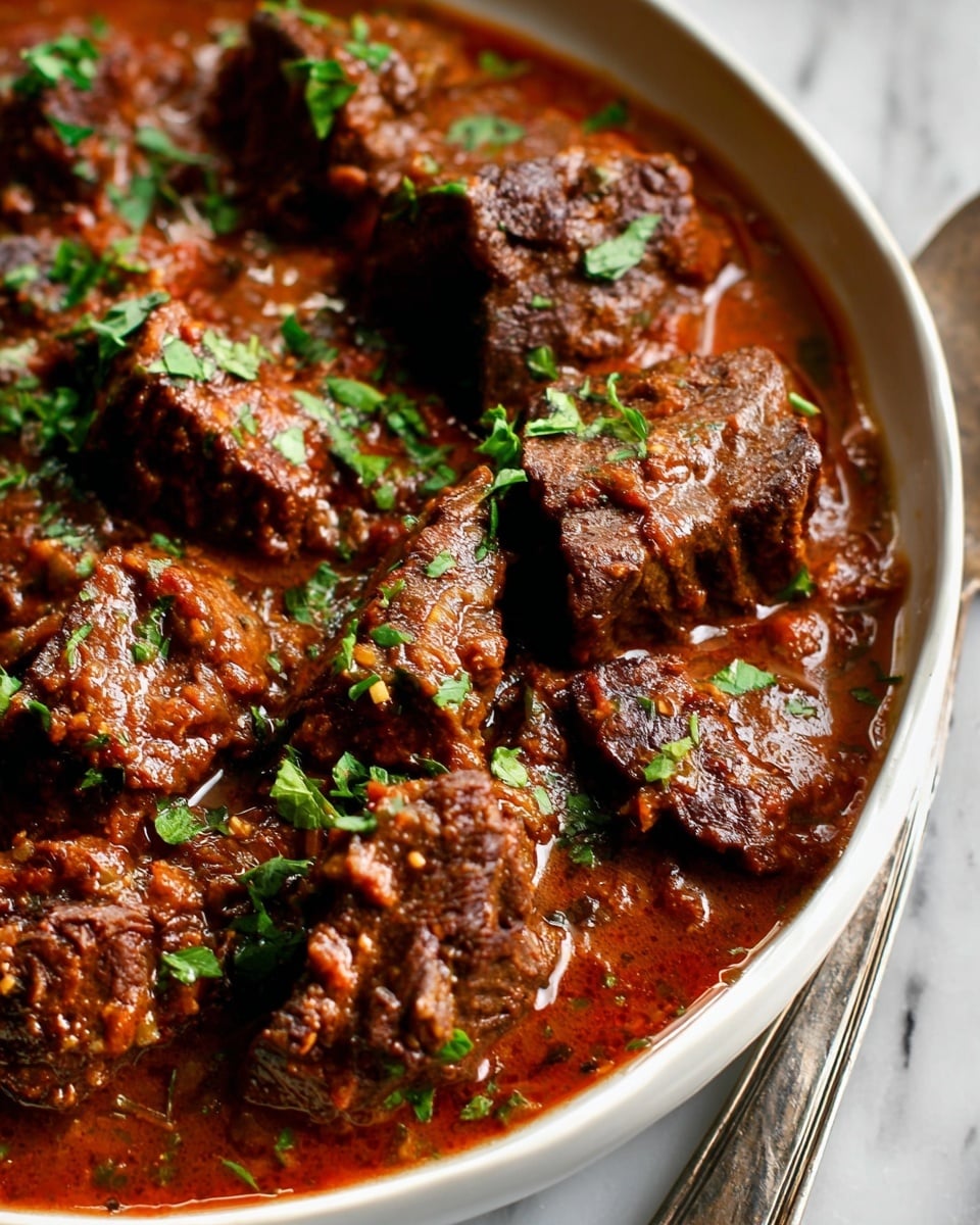 This is a close-up image of a dish with large chunks of cooked beef in a thick, red-brown sauce. The beef pieces are dark brown with a rough, textured surface and are covered with the sauce, which looks rich and slightly oily with small bits of herbs and spices. Fresh green chopped parsley is sprinkled on top of the beef and sauce for color contrast. The dish is served in a white bowl placed on a white marbled surface, with a small part of a silver serving utensil visible on the right side. The focus is sharp on the beef pieces in the front while the background fades softly. photo taken with an iphone --ar 4:5 --v 7