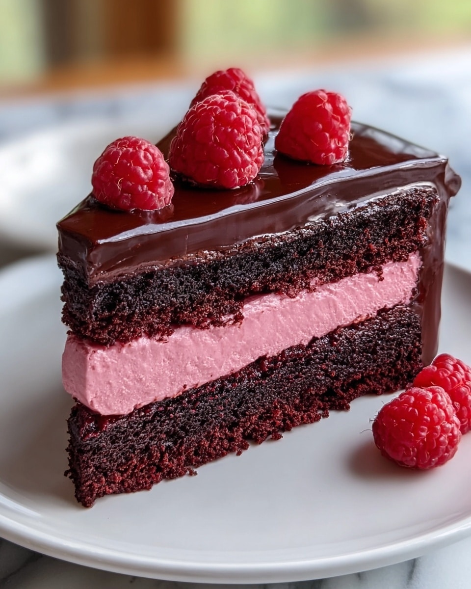 A slice of chocolate cake with three layers sits on a white plate over a white marbled surface. The bottom and top layers are dark, moist chocolate cake with a slightly crumbly texture. In the middle is a thick layer of smooth pink cream or mousse. There is a thin layer of shiny chocolate ganache between the bottom cake and the pink cream, and the top is covered with a glossy dark chocolate ganache. Several fresh red raspberries are placed on top of the cake. The background is softly blurred with natural light. photo taken with an iphone --ar 4:5 --v 7