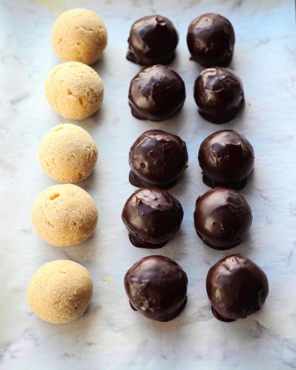 The image shows two rows of round treats on a white marbled surface; the front row has three light beige, slightly rough-textured balls that look like dough or cookie bases, while the back row features nine glossy, smooth dark chocolate-coated balls with some small cracks and a few chocolate drips, all sitting on a white parchment sheet. photo taken with an iphone --ar 4:5 --v 7