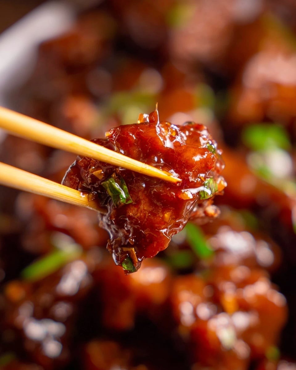 A close-up image showing two pieces of glossy, reddish-brown sticky glazed meat held by a pair of wooden chopsticks. The meat looks tender and coated in a shiny sauce with small bits of green garnish and finely chopped ingredients visible on the surface. The background is blurred, filled with more pieces of the same glazed meat, creating a rich, warm atmosphere. The focus is sharp on the meat and chopsticks, highlighting the texture and glossiness of the sauce. Photo taken with an iphone --ar 4:5 --v 7