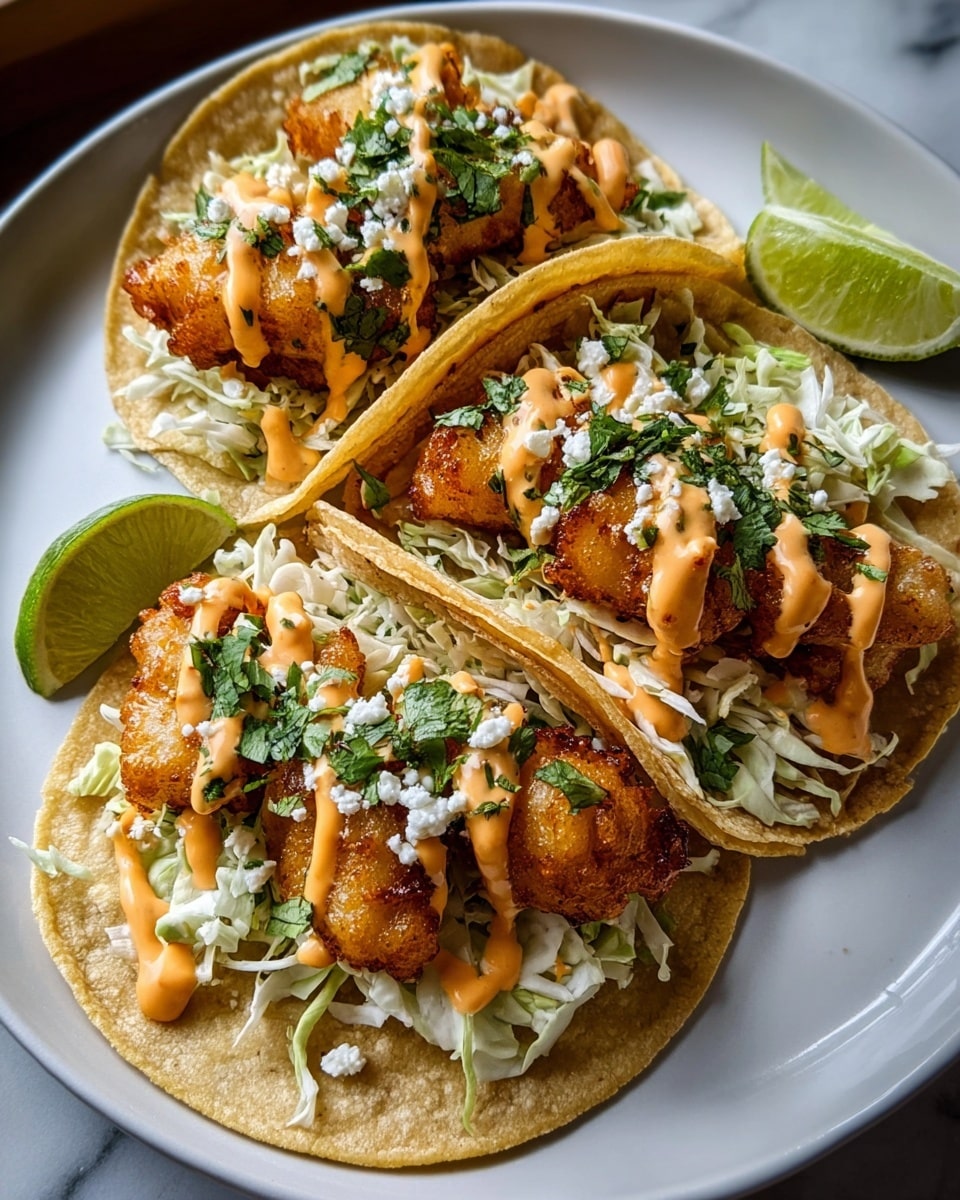 Three fish tacos are on a white plate, each made with a soft corn tortilla as the base. On top of each tortilla is a layer of shredded white cabbage, followed by several pieces of golden brown, crispy fried fish with a crunchy texture. The fish is drizzled with a light orange creamy sauce and sprinkled with fresh green chopped cilantro and white crumbled cheese. Two lime wedges, bright green with a juicy texture, are placed on the side of the plate. The photo is taken on a white marbled surface. photo taken with an iphone --ar 4:5 --v 7