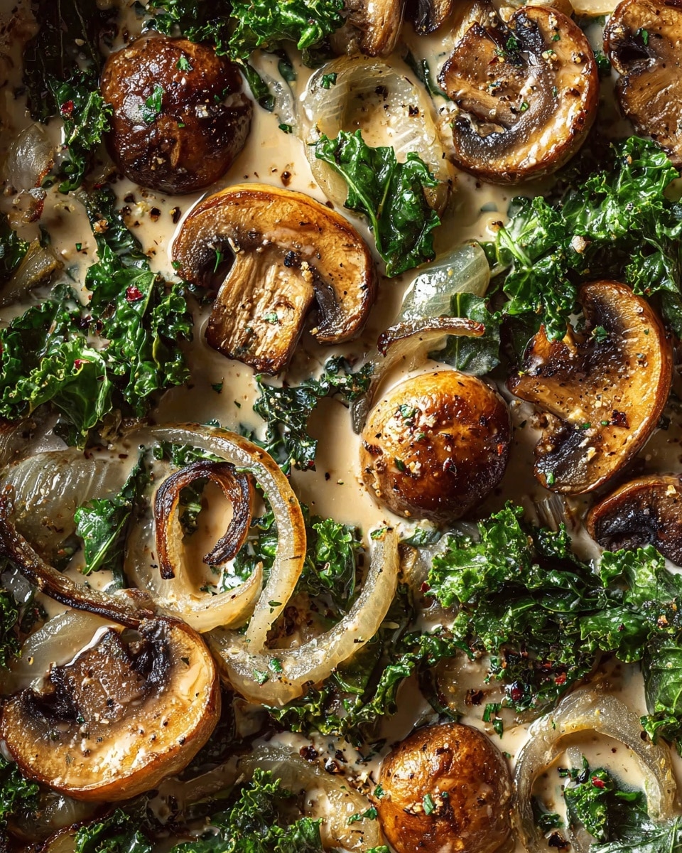The image shows a close-up of cooked mushrooms and kale in a creamy sauce. There are whole and sliced brown mushrooms, some with a shiny, golden toast color, showing a soft texture with visible grill marks. Bright green kale leaves are mixed in, providing a fresh, slightly crinkled texture with tiny black pepper bits spread throughout. Thin, translucent cooked onion slices with a light caramel tint are scattered among the mushrooms and kale. The creamy sauce underneath is light tan, smooth, and glossy, with herbs and ground pepper sprinkled on top. All ingredients are layered together closely, resting on a white marbled textured surface. Photo taken with an iphone --ar 4:5 --v 7