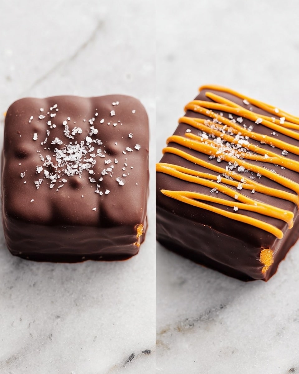 The image shows two square chocolate desserts placed on a white marbled surface. Both desserts have a smooth, dark brown chocolate coating covering the entire square, with a slightly shiny and bumpy texture on top. The dessert on the right has an extra decorative layer consisting of thick orange zigzag drizzle spread evenly across the top, sprinkled with coarse white salt flakes for contrast and texture. Each dessert appears single-layered inside the chocolate coating. photo taken with an iphone --ar 4:5 --v 7