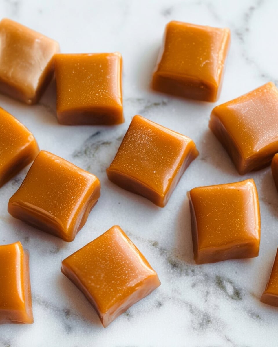 Small square caramel candies are placed on a white marbled surface. Each candy has one smooth, shiny top layer in a rich golden brown color and a slightly lighter brown texture on the sides. The candies are neatly arranged in a scattered pattern with soft light reflecting evenly across their glossy surfaces, showing slight creases and folds. Photo taken with an iphone --ar 4:5 --v 7