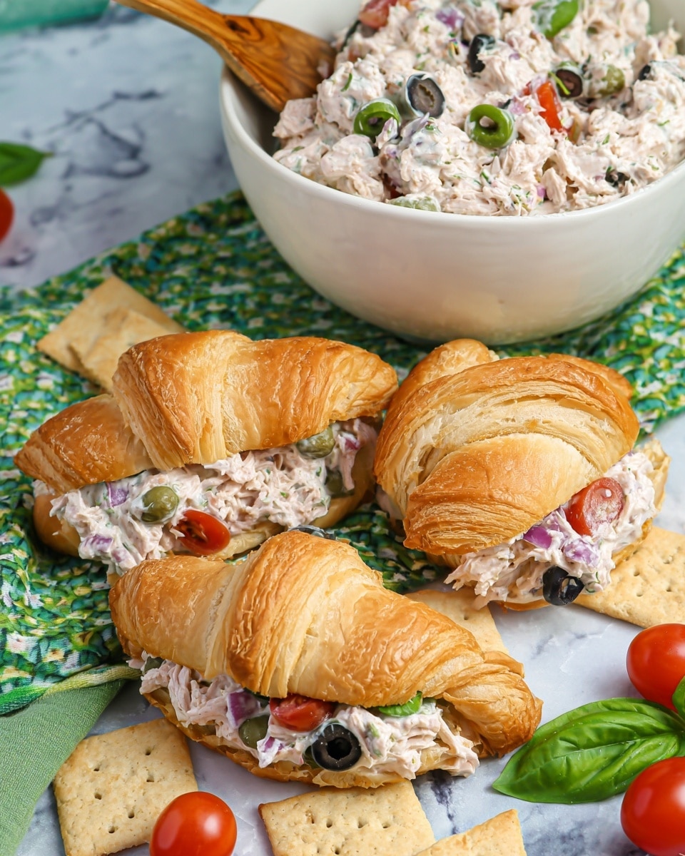 Three croissant sandwiches are filled with a creamy tuna salad that has visible black olive slices, red onion pieces, red cherry tomato halves, and green capers. The croissants are golden brown with a flaky texture, and they are arranged on a green patterned cloth. Behind them, a large white bowl is filled with more of the tuna salad, with a wooden spoon resting inside it. Around the croissants and bowl, there are beige triangular crackers scattered on a white marbled surface. Some fresh green basil leaves and whole cherry tomatoes add color and freshness to the scene. Photo taken with an iphone --ar 4:5 --v 7