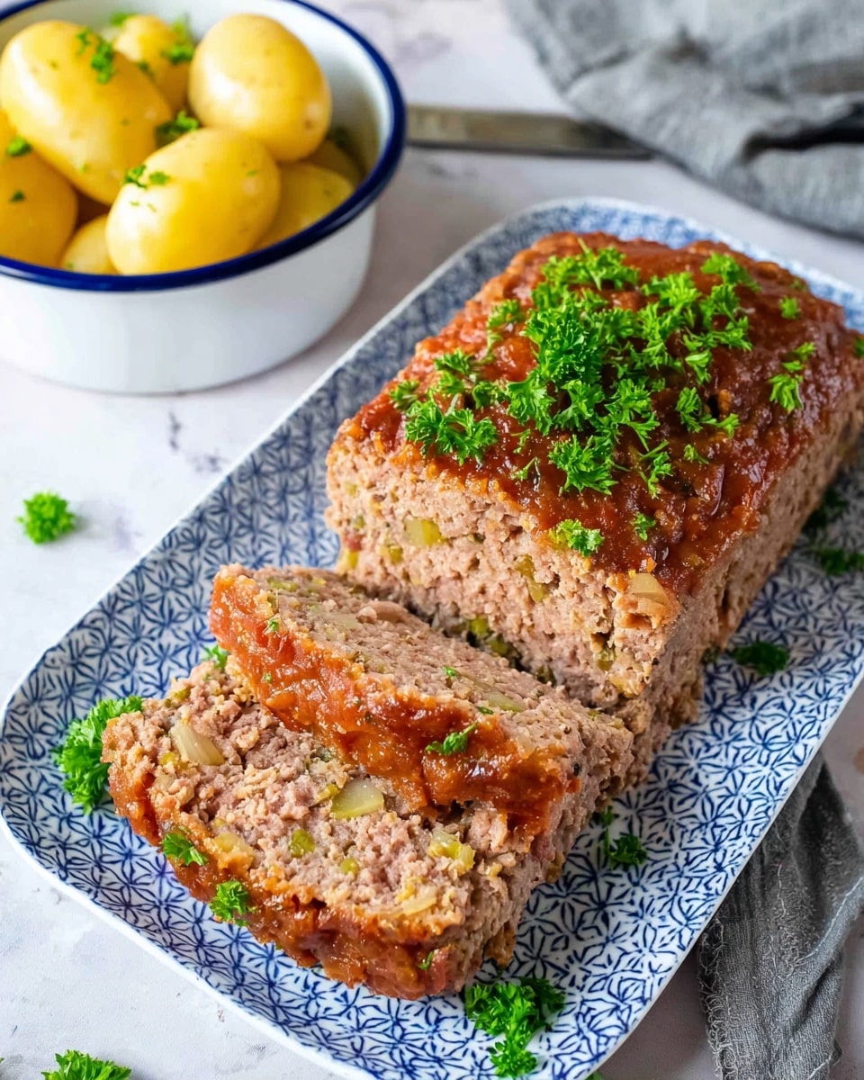 The image shows a loaf of meatloaf on a blue and white patterned rectangular plate, with the meatloaf cut into three pieces revealing a soft, crumbly texture mixed with small green bits inside. The top layer of the meatloaf is light brown with a slightly crisp surface, garnished with fresh green parsley leaves scattered over it. Next to the plate is a white bowl with a blue rim filled with peeled yellow potatoes. The scene is set on a white marbled textured surface with a gray cloth and knife partially visible to the side. photo taken with an iphone --ar 4:5 --v 7