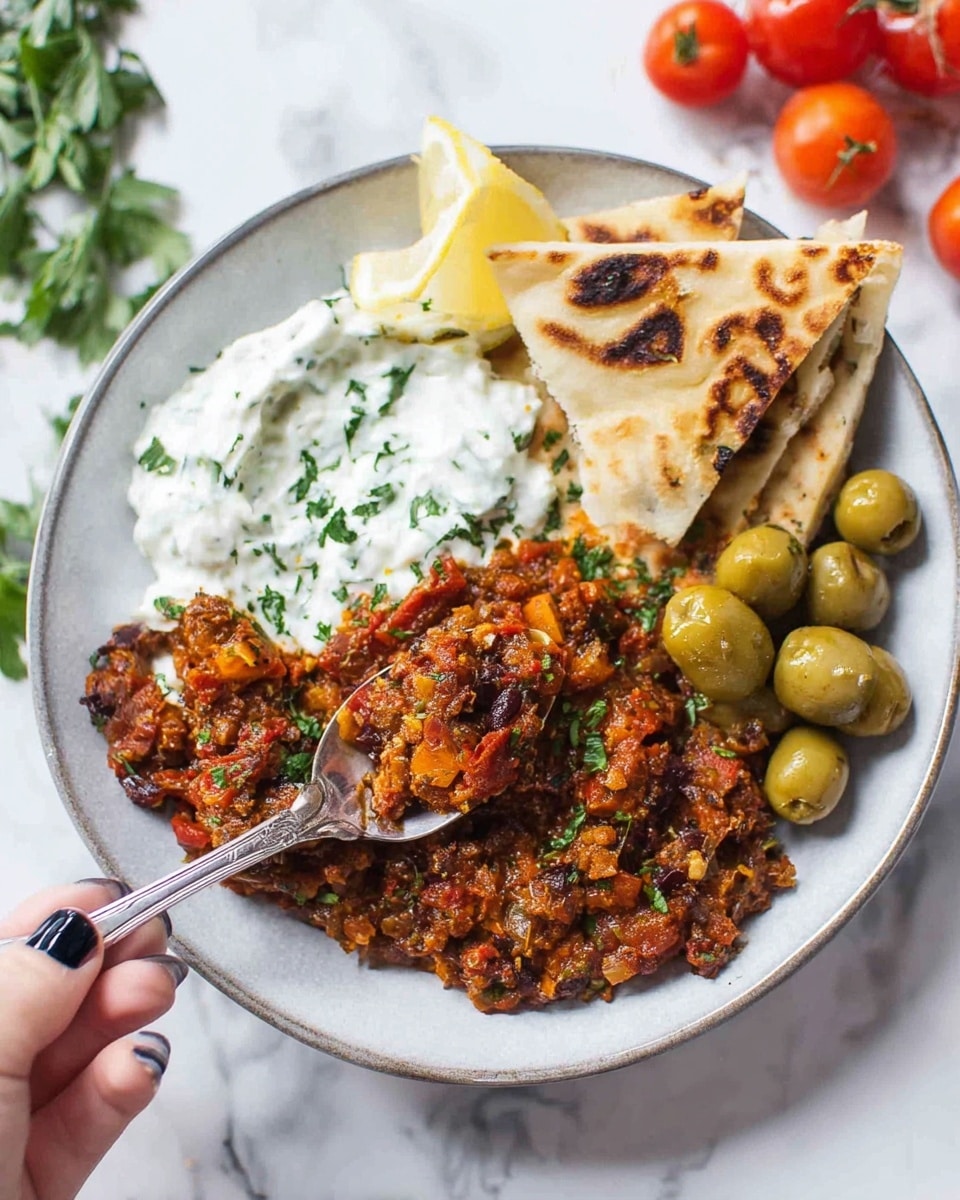 A white plate on a white marbled surface holds a colorful dish with four layers: the bottom layer is a chunky, deep red-brown cooked vegetable mix with small bits of green herbs, topped on the left side; next to it on the right is a smooth, creamy white yogurt sauce mixed with chopped green herbs, spread in a small section behind the vegetable mix; above the sauce, two triangular pieces of lightly toasted naan bread with patches of brown char are partially placed on top; next to the bread and sauce are a cluster of whole green olives with a shiny, smooth surface. A lemon wedge rests on the left edge of the plate. A woman's hand with dark polished nails holds a spoon scooping some of the vegetable mix from the plate. Fresh tomatoes, garlic cloves, and green herbs are visible in the blurred background. Photo taken with an iphone --ar 4:5 --v 7