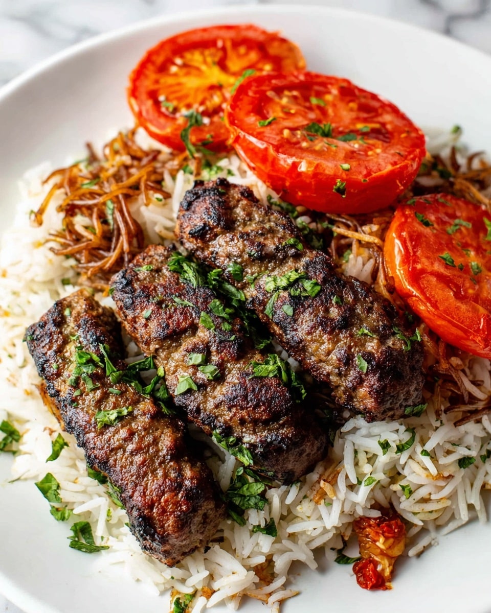 A white plate holds a dish with three main layers: the bottom layer is long-grain white rice mixed with some toasted small brown noodles, sprinkled with chopped green herbs; on top of the rice, four grilled meat kebabs, each dark brown with charred marks and bits of herbs, arranged neatly; the top layer includes four large slices of grilled tomato, bright red with dark grill lines and bits of green herbs scattered over them. The background surface is a white marbled texture. Photo taken with an iphone --ar 4:5 --v 7