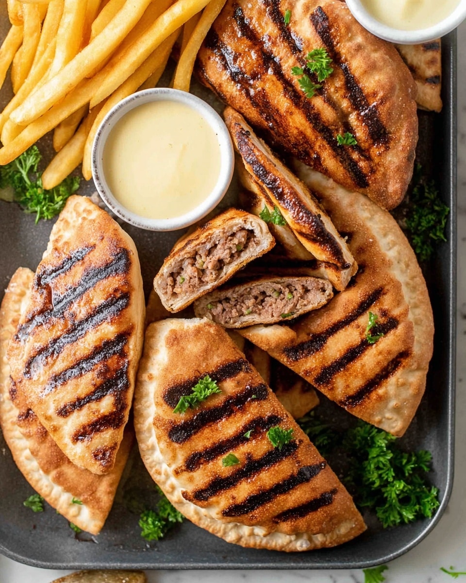 A close-up view of a black tray with five grilled pita pockets showing dark grill marks on the golden brown crust, one cut open to reveal a minced meat filling inside; scattered fresh green parsley leaves add a pop of color around the pockets, with a small white bowl of light yellow creamy sauce placed on the top left side and a few golden french fries arranged near it, all set on a white marbled surface photo taken with an iphone --ar 4:5 --v 7