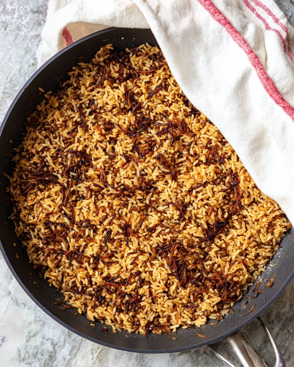 A black frying pan filled with a single thick layer of cooked rice mixed with lentils, all in a deep golden brown color with some darker toasted bits scattered throughout. Thin, long, darker brown caramelized onion pieces are mixed evenly among the rice and lentils, adding texture contrast. The pan's handle is visible on the right side, and a white kitchen towel with a red stripe is partially covering the top edge of the pan. The pan sits on a white marbled textured surface. photo taken with an iphone --ar 4:5 --v 7