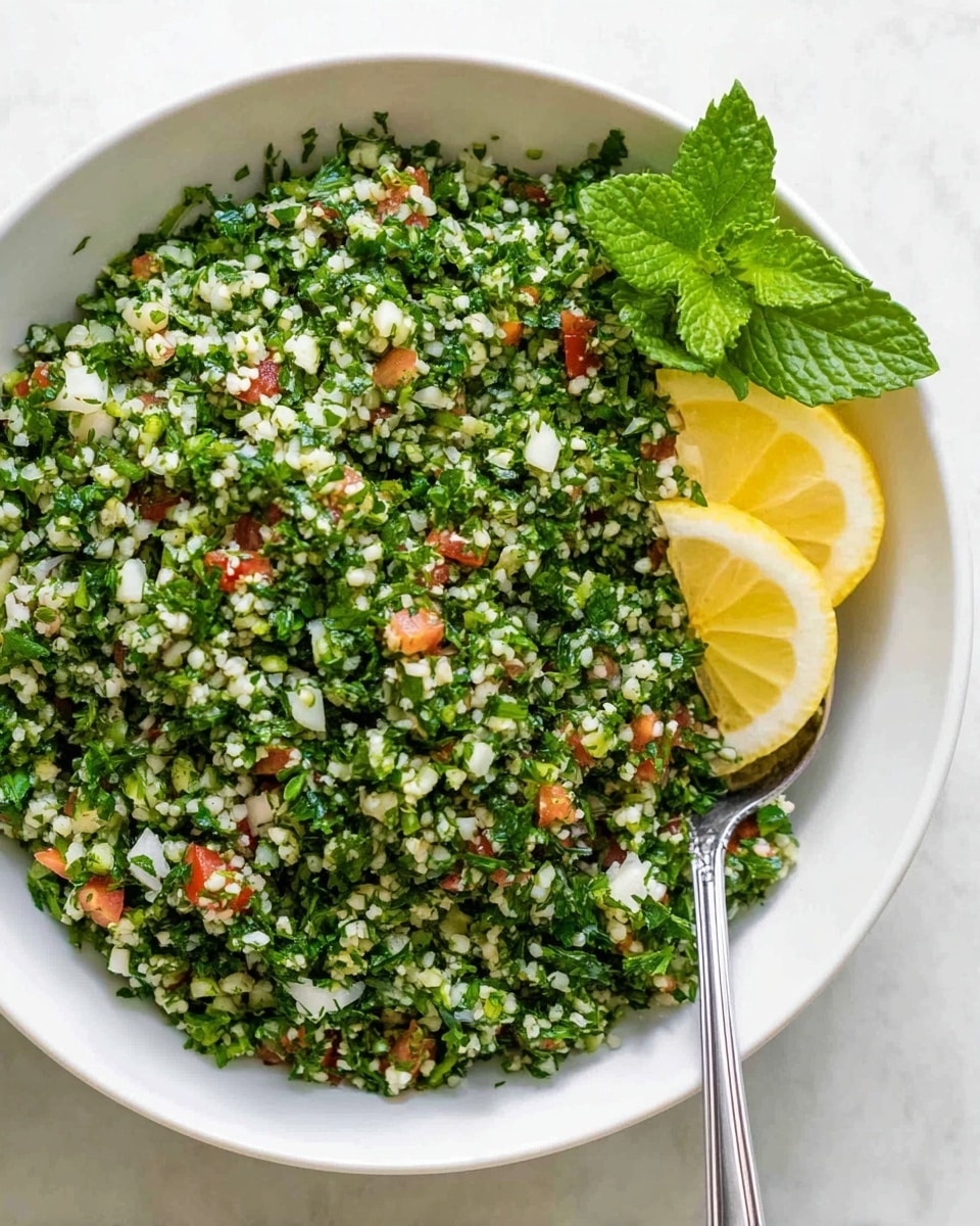 A round white bowl is filled with finely chopped bright green parsley mixed with small bits of white bulgur, diced white onion, and small red tomato pieces, creating a colorful and fresh texture mix. On one side of the bowl, two thin lemon slices with pale yellow flesh are placed, accompanied by a sprig of green mint leaves for decoration. A shiny silver spoon rests inside the bowl on the right side, partially submerged in the mixture. The bowl sits on a white marbled surface. photo taken with an iphone --ar 4:5 --v 7