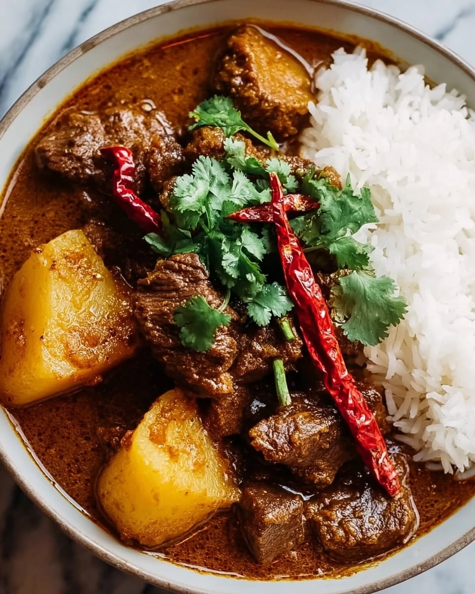 The dish is served in a white bowl, showing a rich, brown curry with thick sauce and several chunks of dark brown meat mixed with large pieces of golden-yellow potatoes. On top, green cilantro leaves and bright red dried chilies are scattered for garnish. In the top right corner, there is a portion of fluffy white rice with distinct grains visible next to the curry. The whole bowl is placed on a white marbled texture. photo taken with an iphone --ar 4:5 --v 7