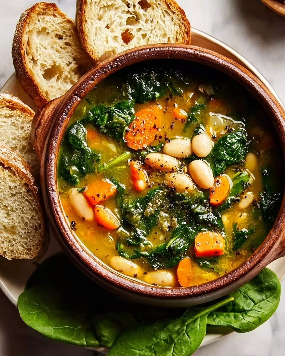 A rustic brown bowl filled with a hearty soup containing white beans, bright orange carrot pieces, and dark green spinach leaves, all in a golden broth with small bits of herbs and black pepper sprinkled on top. The bowl sits on a white plate, surrounded by slices of crusty white bread with a rough, crunchy texture. A couple of fresh spinach leaves sit beside the bowl, all placed on a white marbled surface. Photo taken with an iphone --ar 4:5 --v 7