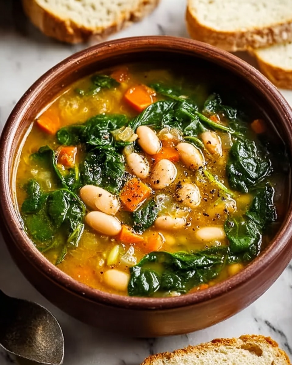The image shows a brown bowl full of vegetable soup on a white marbled surface. The soup has three visible layers: a broth layer with a warm yellow-orange color, a layer of white beans spread evenly, and a layer of dark green spinach leaves floating on top. Small diced carrots and celery pieces add pops of orange and light green throughout the soup. Some black pepper is sprinkled on the surface, adding texture. Around the bowl, there are three slices of white bread with a light brown crust. A spoon rests beside the bowl on the white marbled surface. Photo taken with an iphone --ar 4:5 --v 7