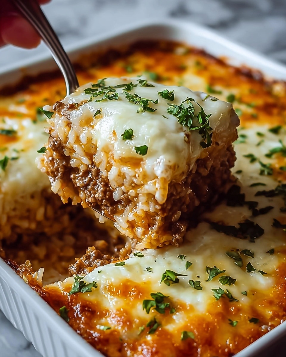 A close-up of a white rectangular baking dish filled with cheesy baked rice and ground beef casserole. The dish shows two main layers: a bottom and middle layer of soft cooked rice mixed with browned ground beef, with a top layer of melted, slightly browned cheese that is golden and white with a glossy texture. Fresh green parsley is sprinkled over the cheese, adding color contrast. A spoon lifts a square scoop of the layered casserole showing the rice and beef clearly, held gently by a woman's hand. The dish sits on a white marbled surface, with the focus on the bubbling, melted cheese top and rich, meaty filling. photo taken with an iphone --ar 4:5 --v 7