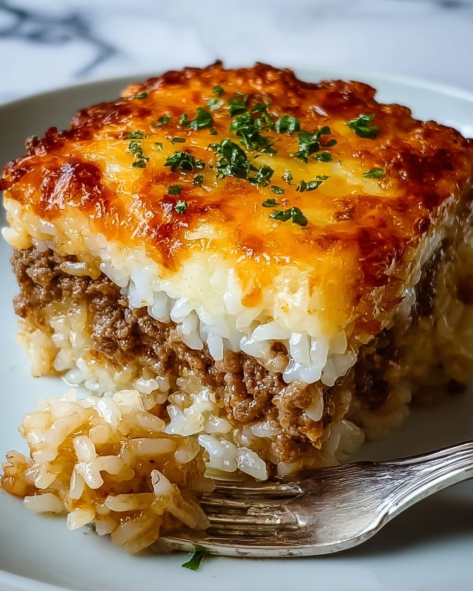 The dish shows a close-up of a slice of baked rice and ground meat casserole on a white plate, with a fork cutting into the bottom left corner. The bottom layer is soft white rice, topped with a layer of brown cooked ground meat mixed with rice. The top layer is melted, golden-brown cheese with a crispy, bubbly texture, sprinkled with small bits of chopped green herbs. The background has a white marbled texture. photo taken with an iphone --ar 4:5 --v 7