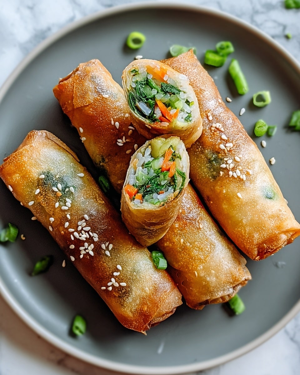 Four golden brown spring rolls with a crispy outer layer sprinkled with white sesame seeds sit on a white plate. The rolls are cut on one side, revealing translucent sticky rice inside mixed with finely chopped green leafy vegetables, thin orange carrot strips, and some green herbs. A few green chopped scallions are scattered around the plate on a white marbled surface. photo taken with an iphone --ar 4:5 --v 7