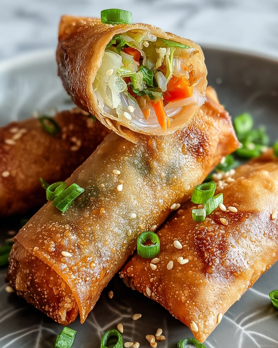Three crispy golden-brown spring rolls are placed on a white plate with a subtle pattern. Two spring rolls lay fully wrapped, showing a bubbly, crunchy texture with some sesame seeds sprinkled on top. One spring roll is cut in half and positioned on top of the other two, revealing layers inside: shredded white cabbage, bright orange carrot strips, green herbs, and thin rice noodles. The colors inside are fresh and vibrant, contrasting with the deep fried outer layer. Small sesame seeds and green chopped scallions are scattered on the plate around the spring rolls. The dish is set against a white marbled texture background. photo taken with an iphone --ar 4:5 --v 7