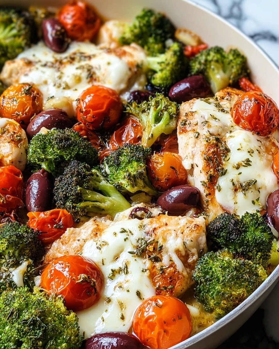 The image shows a close-up of a cooked dish with several layers and colors. The bottom layer consists of bright green broccoli florets placed throughout the dish. Among the broccoli, there are juicy roasted cherry tomatoes in both red and orange colors, some slightly wrinkled from cooking. Large pieces of browned chicken breast are scattered on top, each piece topped with melted white cheese sprinkled with dried herbs. Dark purple olives are also placed between the other ingredients, adding contrast. The texture of the cheese is smooth and slightly bubbly where it melted. The whole dish sits in a shallow white pan, on a white marbled surface. Photo taken with an iphone --ar 4:5 --v 7
