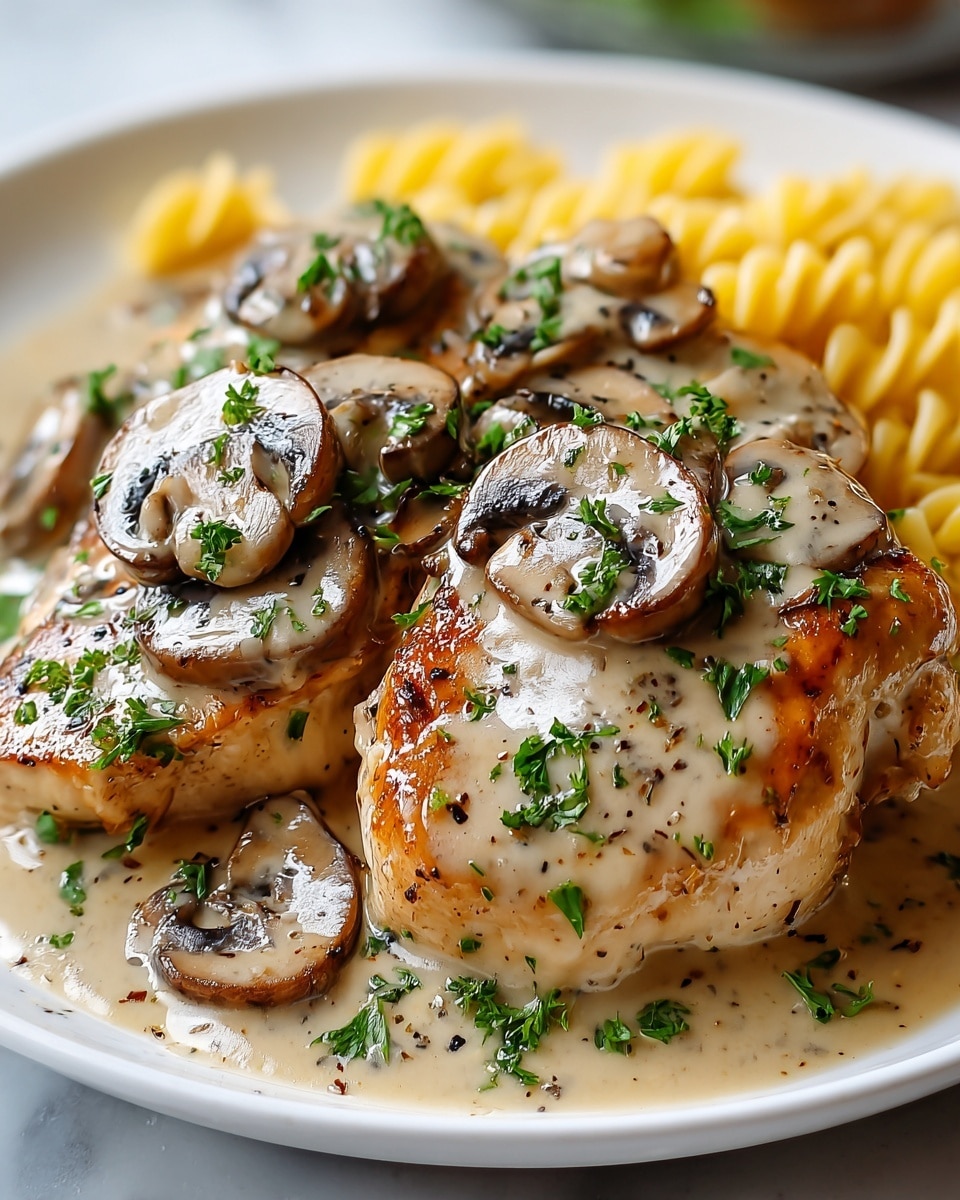 A white plate holds two golden-brown grilled chicken breasts covered with creamy light beige mushroom sauce that has visible flecks of pepper. On top and around the chicken, there are several cooked brown mushroom slices glistening with sauce. Fresh chopped bright green parsley is sprinkled over everything, adding a touch of color. At the edge of the plate, slightly blurred, you can see soft, curly yellow pasta. The dish sits on a white marbled surface, creating a clean and bright look. Photo taken with an iphone --ar 4:5 --v 7