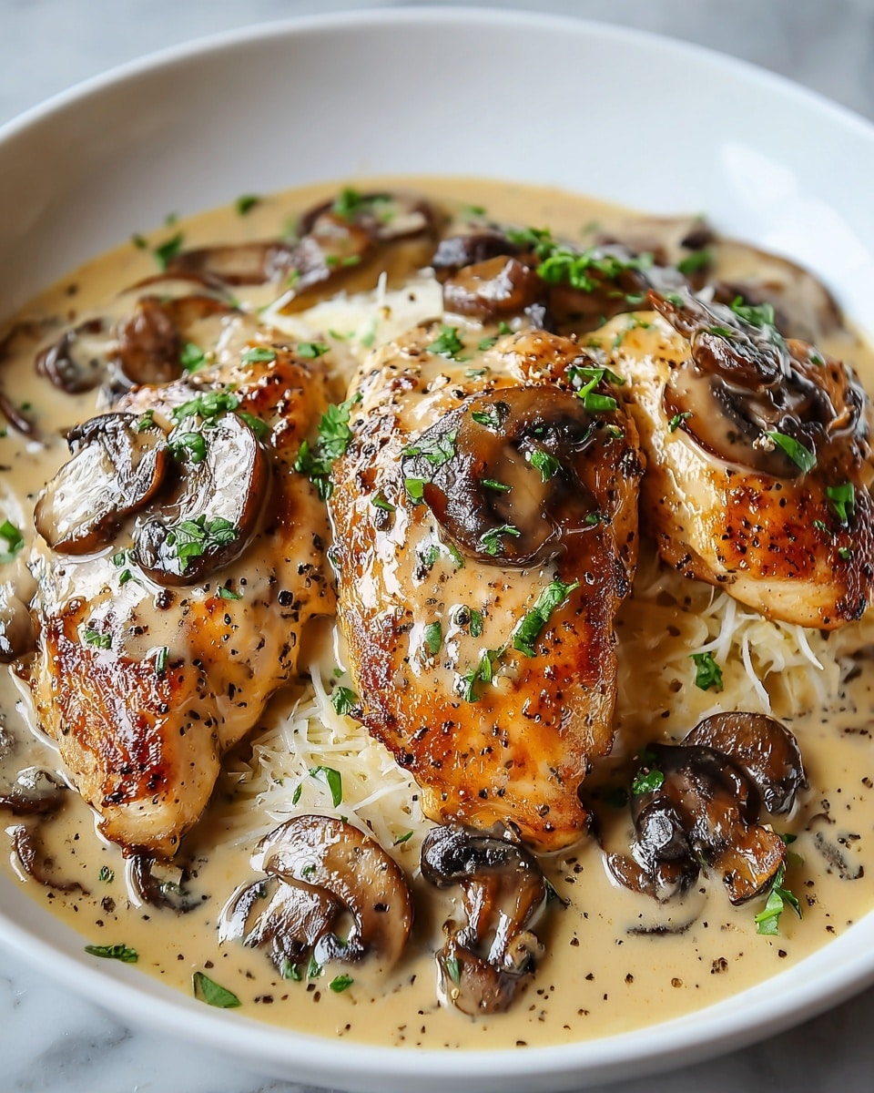 The dish shows three pieces of golden brown grilled chicken with a slightly charred surface, placed on a bed of light shredded cheese. The chicken is generously covered with a creamy light beige mushroom sauce that has visible black pepper specks. Several sautéed, dark brown sliced mushrooms are scattered on and around the chicken. The dish is finished with small sprinkles of fresh green herbs on top, all served in a white plate on a white marbled surface. Photo taken with an iphone --ar 4:5 --v 7