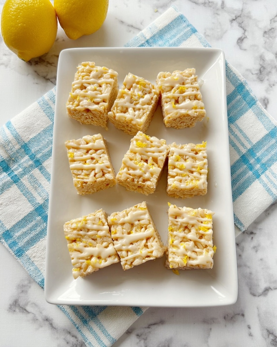 A white rectangular plate holds eight square cereal bars arranged in two neat rows of four. Each bar has a textured top layer made of crispy puffed rice, which is light golden-yellow in color, and is drizzled with a light cream-colored glaze that looks slightly shiny and smooth. The plate rests on a white marbled surface with a folded blue and white checkered cloth underneath its bottom edge. Two yellow lemons sit on the white marbled surface, one visible at the top left and the other at the bottom right near the plate. Photo taken with an iphone --ar 4:5 --v 7