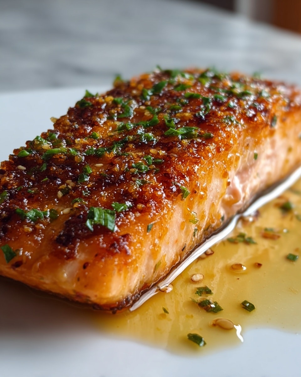 A close-up view of a single cooked salmon fillet resting on a smooth white plate, showing three visible layers: the top crust is dark golden brown with crispy bits and scattered finely chopped green herbs, the middle layer reveals a glistening orange-pink cooked flesh, and the bottom edge slightly browned. A light oily sauce with small seeds pools beside the fillet on the plate. The white marbled surface under the plate is softly blurred in the background. photo taken with an iphone --ar 4:5 --v 7