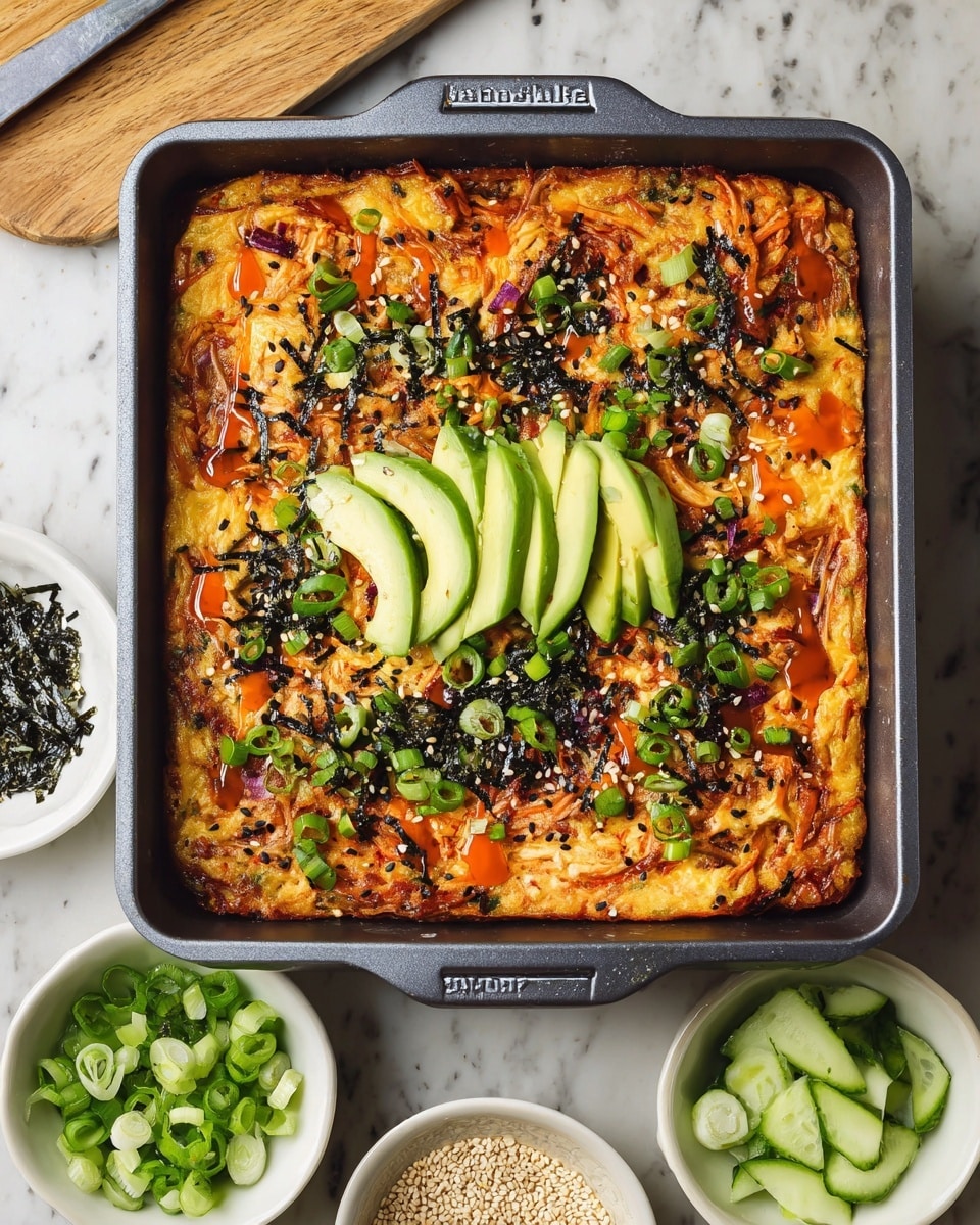 A square pan contains a baked dish with a golden, slightly crispy top layer, dotted with orange sauce drizzles and small pieces of cooked ingredients that look like shredded vegetables or seafood. On top, there are several small piles of sliced avocado arranged neatly across the surface. The dish is sprinkled with finely chopped green onions, black seaweed flakes, and a mix of white and black sesame seeds, adding texture and color contrast. The pan is placed on a white marbled surface with small white bowls filled with sliced cucumber, chopped green onions, and a mix of black and white sesame seeds nearby. Photo taken with an iphone --ar 4:5 --v 7