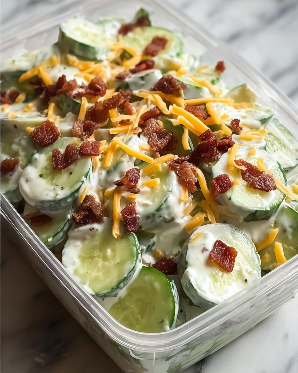 This image shows a layered cucumber salad served in a clear plastic container. The first layer consists of thick, round cucumber slices with a fresh green peel and a pale green inside. They are covered with a creamy white dressing that has a smooth texture, spread evenly over the cucumber slices. On top, there are small pieces of crispy brown bacon scattered around, adding texture and color contrast. Thin strands of shredded yellow cheddar cheese are sprinkled across the surface. The dish appears fresh and creamy, with a mix of green, white, brown, and yellow colors against the clear container and white marbled surface. photo taken with an iphone --ar 4:5 --v 7