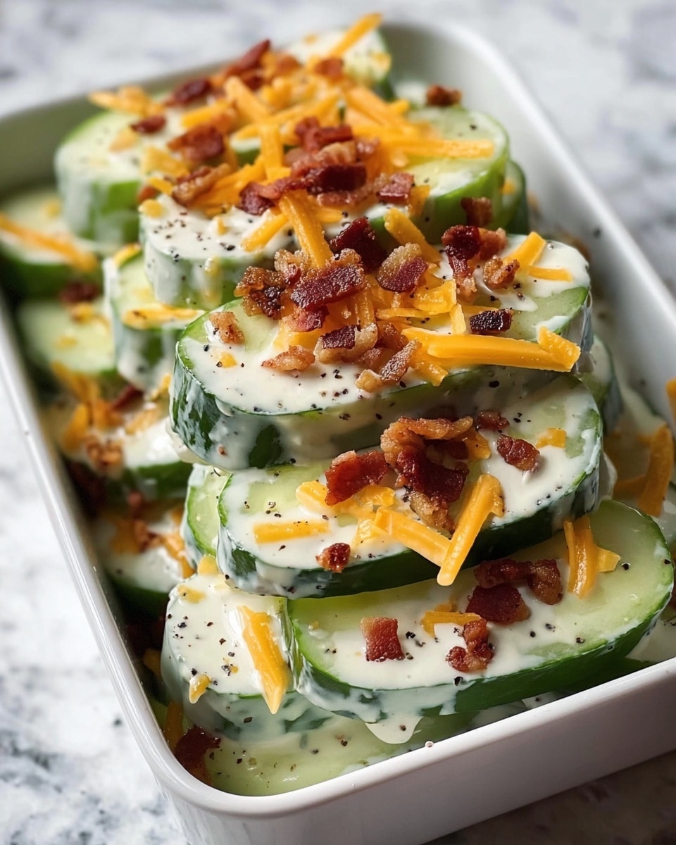 The image shows thick slices of fresh green cucumber stacked in a white rectangular container. Each cucumber slice is coated with a creamy white dressing filled with small black pepper bits. Scattered on top are bright orange shredded cheddar cheese and small crispy dark brown bacon bits, adding texture and contrast. There are several layers of cucumber slices visible, all evenly coated with the creamy sauce. The container is placed on a white marbled surface. photo taken with an iphone --ar 4:5 --v 7