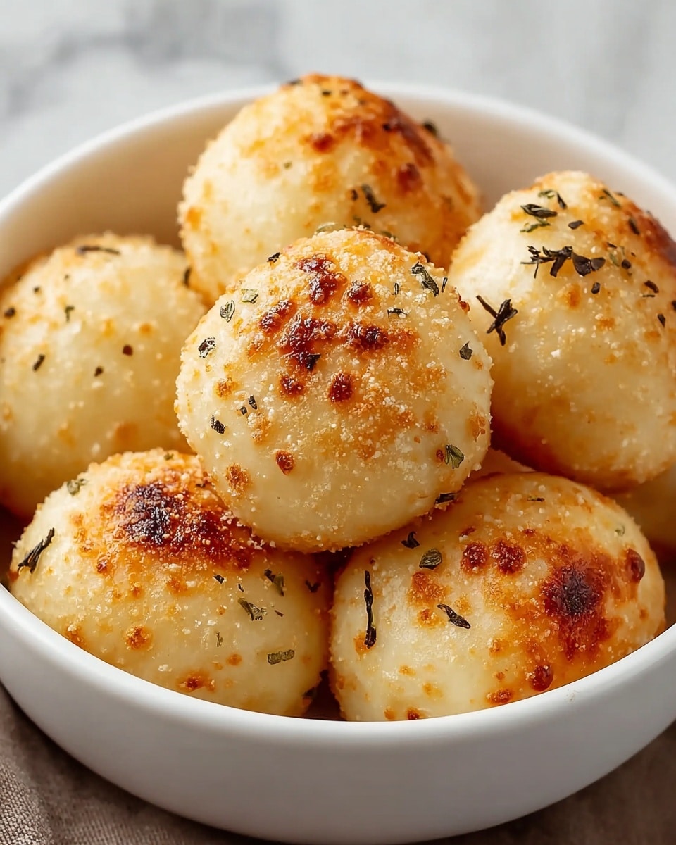 A close-up of a white bowl filled with seven golden-brown, round dough balls. Each ball has a slightly crispy texture with golden toasted spots and a powdery topping sprinkled unevenly on them, mixed with small bits of dark green herbs. The dough balls appear soft yet firm, stacked closely together inside the bowl. The background features a blurred white marbled surface. photo taken with an iphone --ar 4:5 --v 7