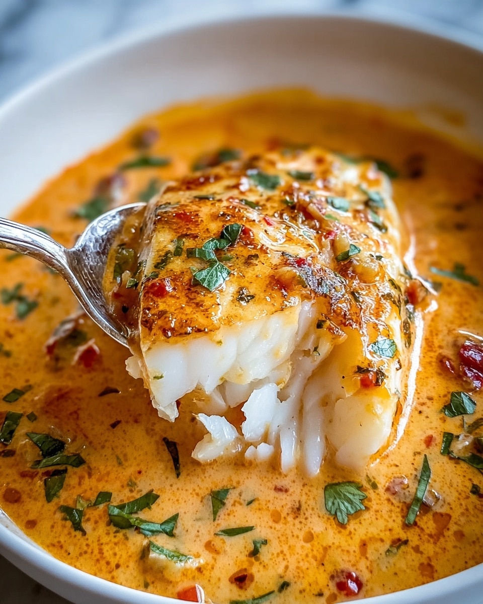 The image shows a single piece of cooked white fish with a light golden crust on top, resting in a thick, creamy orange sauce with visible herbs and small bits of red and green ingredients mixed in. Some fresh green herbs are sprinkled on the fish, and the sauce surrounds the fish evenly, creating a rich, smooth texture. A metal spoon lifts part of the fish, revealing the flaky white interior. The dish is served in a white bowl against a white marbled background. Photo taken with an iphone --ar 4:5 --v 7
