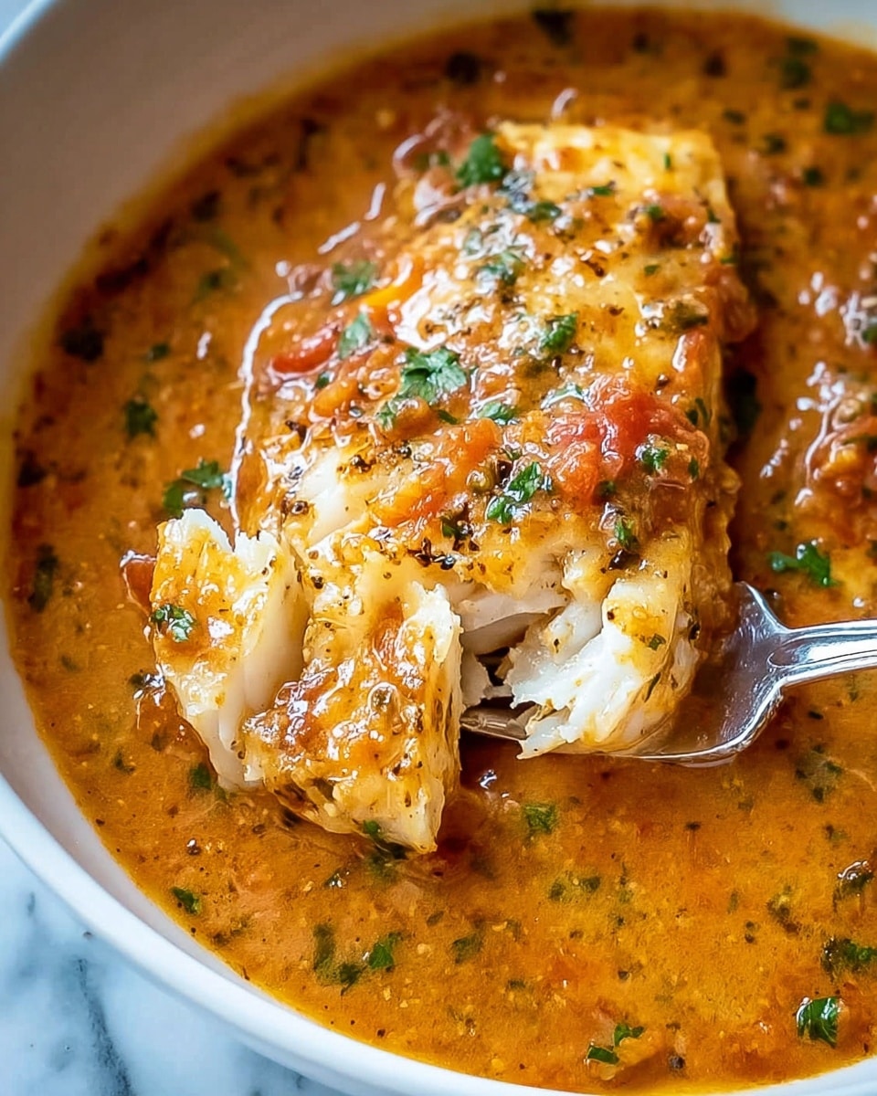 The image shows a white bowl filled with a thick orange-brown sauce that has visible bits of tomato and green herbs mixed in. In the center, there is a piece of white fish fillet partially cut open, revealing its tender and flaky inside. The fish is covered in the sauce, with bits of finely chopped green herbs sprinkled on top. A silver fork is positioned on the right side, slightly lifting the fish. The overall texture looks creamy and rich, with a smooth sauce surrounding the fish, resting on a white marbled surface. Photo taken with an iphone --ar 4:5 --v 7