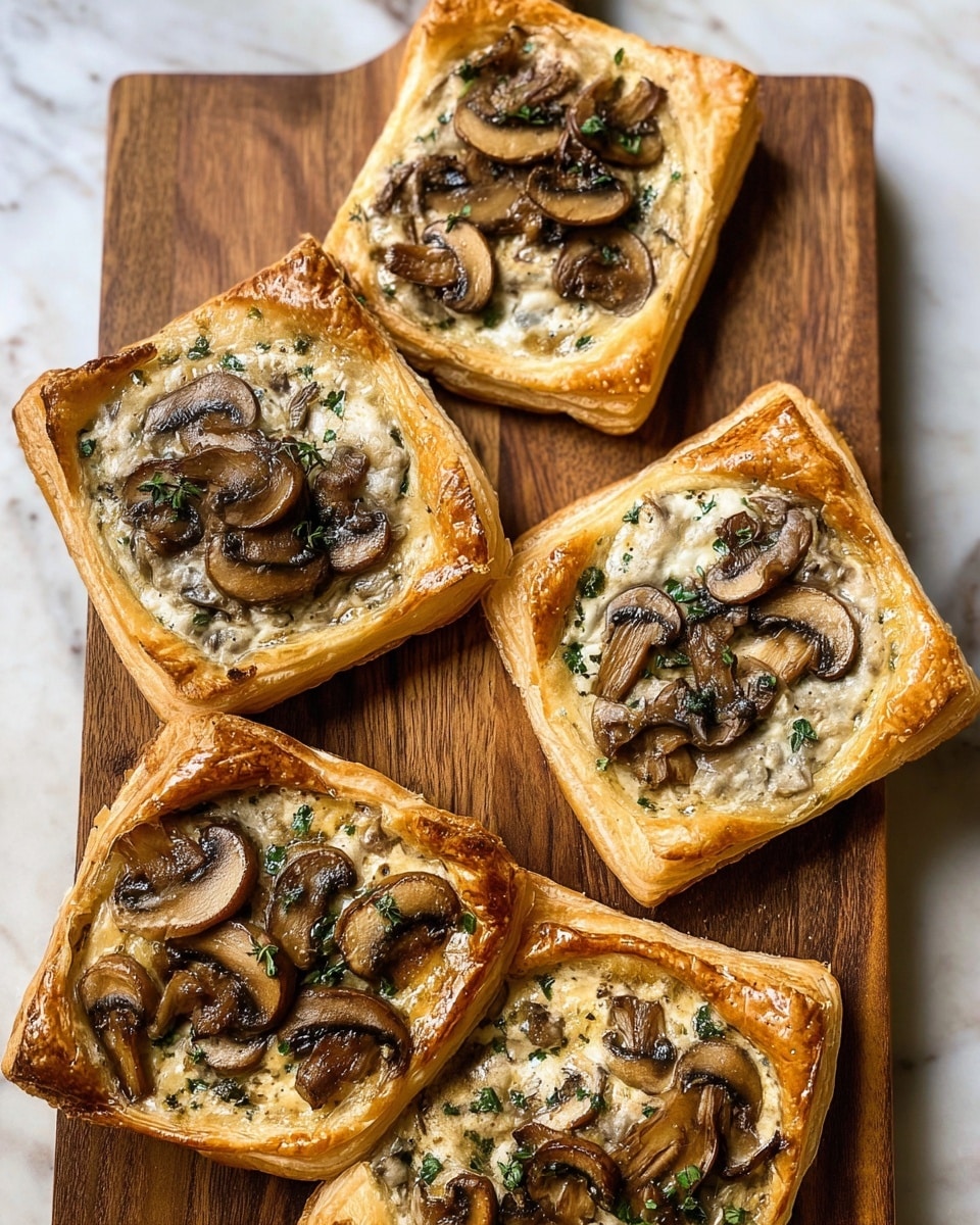 Five mushroom tarts are arranged on a wooden board set on a white marbled surface. Each tart has one layer of golden brown, flaky puff pastry that forms a raised edge around the filling. The filling layer is creamy with visible herbs and topped with cooked brown mushroom slices, which are unevenly spread over the surface. The tarts vary slightly in shape, some are more square while others are slightly rounded or rectangular. The texture of the puff pastry looks light and crisp, contrasting with the soft, moist mushroom filling. photo taken with an iphone --ar 4:5 --v 7