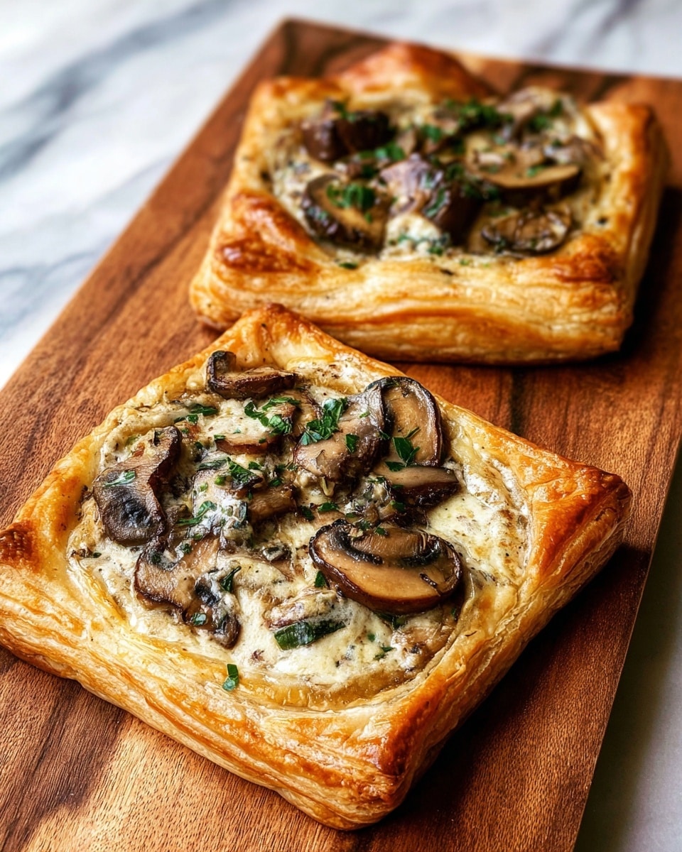 Two square-shaped puffy golden brown pastries sit on a wooden board. Each pastry has a slightly raised, flaky crust forming a thick border. Inside, the filling is creamy and light beige with visible chunks of sautéed dark brown mushrooms and chopped green herbs, creating a textured, rich layer on top. The mushrooms appear tender and slightly glossy, mixed well with the creamy sauce. The background is a white marbled texture. Photo taken with an iphone --ar 4:5 --v 7