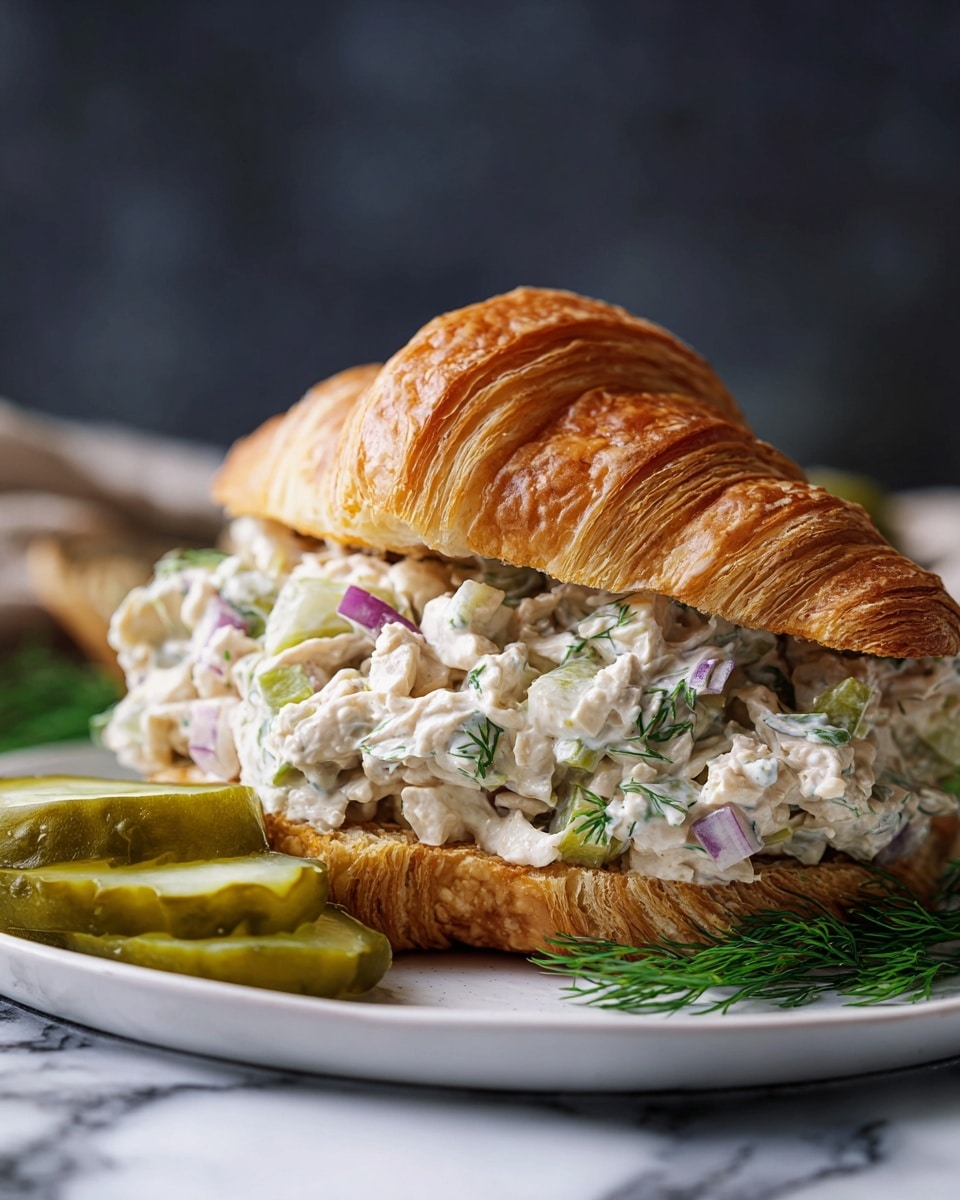 A flaky golden-brown croissant is sliced horizontally and filled with a creamy chicken salad that is chunky and mixed with small pieces of purple onion, celery, and fresh dill, creating a mix of white, green, and purple colors. The croissant sandwich sits on a white plate, next to a small stack of glossy pickle slices with a light green shade and a sprig of fresh dill. The background is a white marbled texture, showing a soft focus that highlights the sandwich’s layers and textures clearly. Photo taken with an iphone --ar 4:5 --v 7