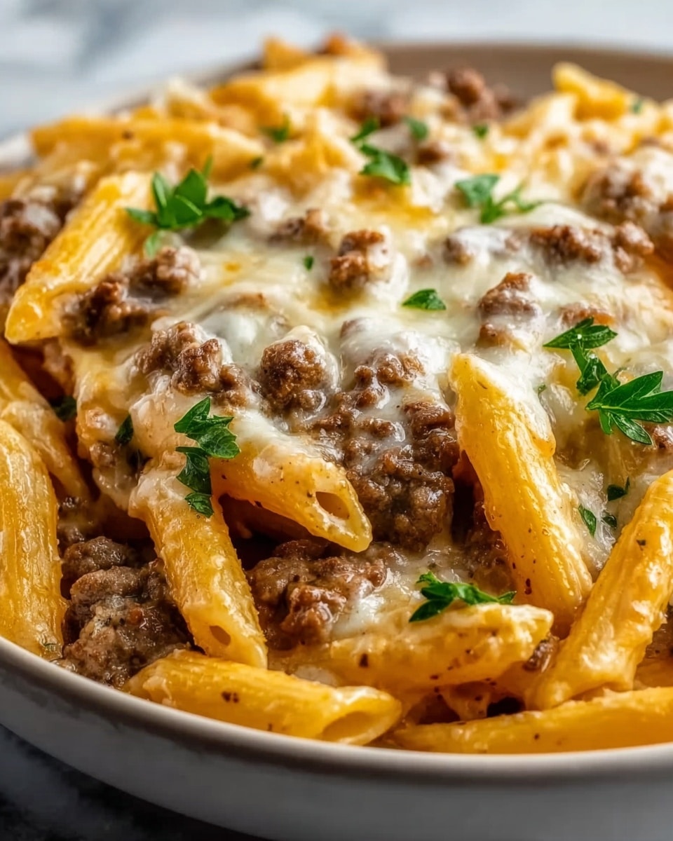The image shows a close-up of creamy pasta in a white bowl, placed on a white marbled surface. The dish has three main layers: a base of cooked penne pasta in a pale yellow color, a thick layer of brown ground beef mixed throughout, and a top layer of melted white cheese slightly browned in spots. Small green parsley pieces are scattered on top as garnish, adding a fresh touch of color. The textures vary from the smooth sauce coating the pasta to the crumbly beef and the gooey, melted cheese photo taken with an iphone --ar 4:5 --v 7