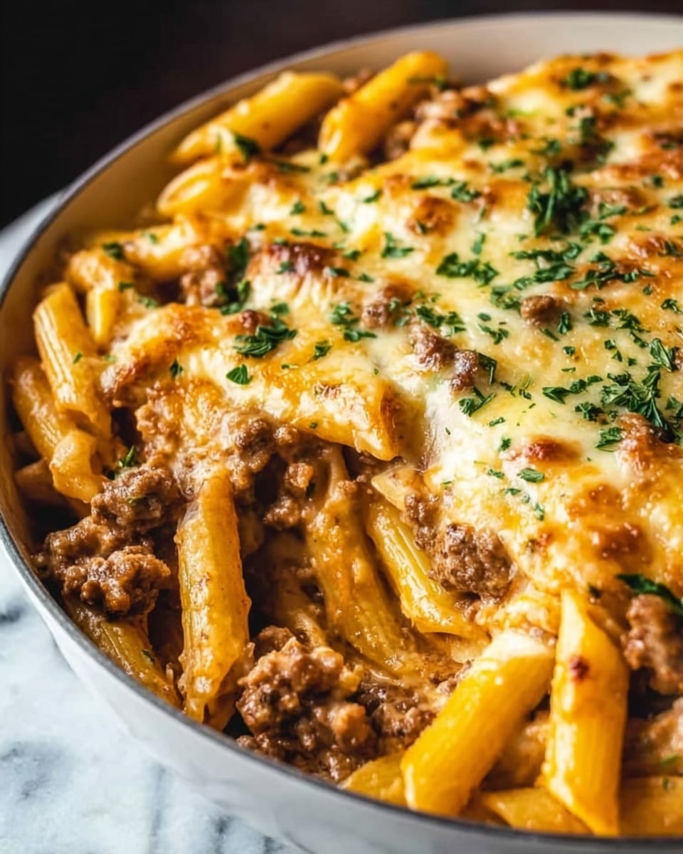 A close-up view of creamy pasta dish with three layers visible; the bottom layer consists of cooked penne pasta colored light yellow, the middle layer is a thick sauce with browned ground meat mixed throughout in small clumps, and the top layer features melted cheese that is golden and bubbly, sprinkled with small pieces of fresh green herbs scattered evenly across the surface. The dish is served in a white bowl with soft lighting emphasizing the textures of the pasta and sauce, resting on a white marbled surface. Photo taken with an iphone --ar 4:5 --v 7