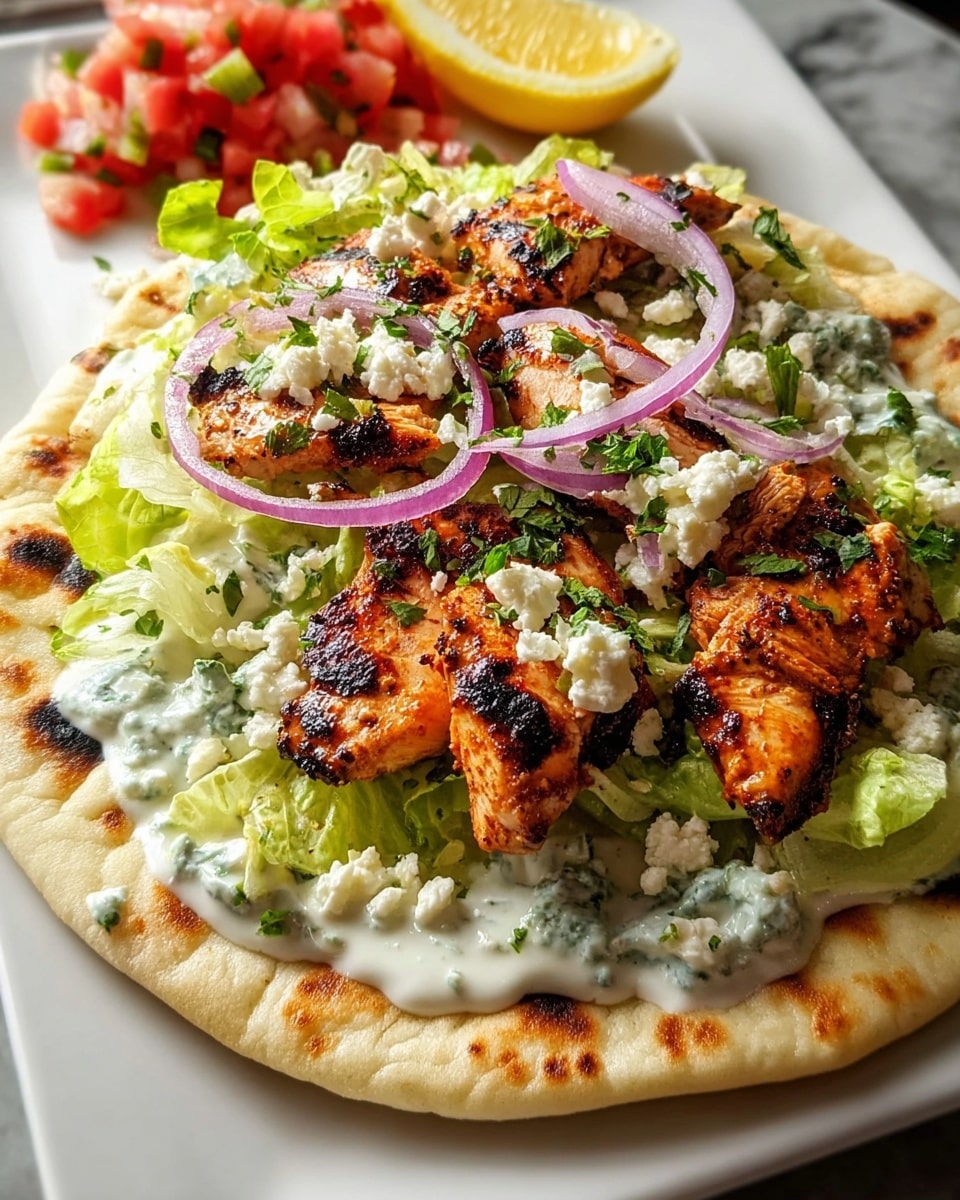 A white flatbread forms the base layer, soft and slightly browned with grill spots; on top, shredded green lettuce covers most of the flatbread, followed by a creamy white sauce spread generously over the lettuce. Thick pieces of grilled chicken with a charred, orange-brown color rest on the sauce, arranged in a single layer. Thin slices of purple onion rings are scattered over the chicken, with small crumbles of white cheese sprinkled on top. Fresh chopped green herbs are lightly spread across the chicken and onion layers. A wedge of lemon is seen at the side, and a small portion of diced red tomatoes mixed with chopped lettuce sits in the background, all presented on a white square plate over a white marbled surface. photo taken with an iphone --ar 4:5 --v 7
