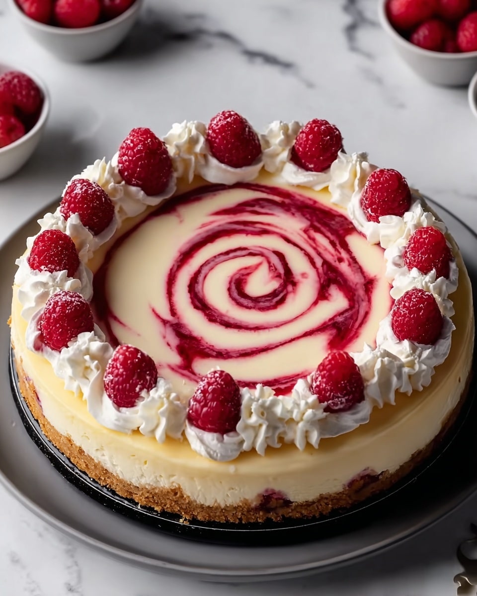 A round cheesecake sits on a white plate, featuring a crumbly light brown crust as the bottom layer. The middle layer is creamy off-white cheesecake filling with smooth texture, topped with bright red raspberry swirls creating a spiral pattern in the center. Around the edge, there are alternating dollops of white whipped cream and whole fresh raspberries, arranged evenly to form a decorative ring. The background is a white marbled surface with small bowls of raspberries nearby. Photo taken with an iphone --ar 4:5 --v 7
