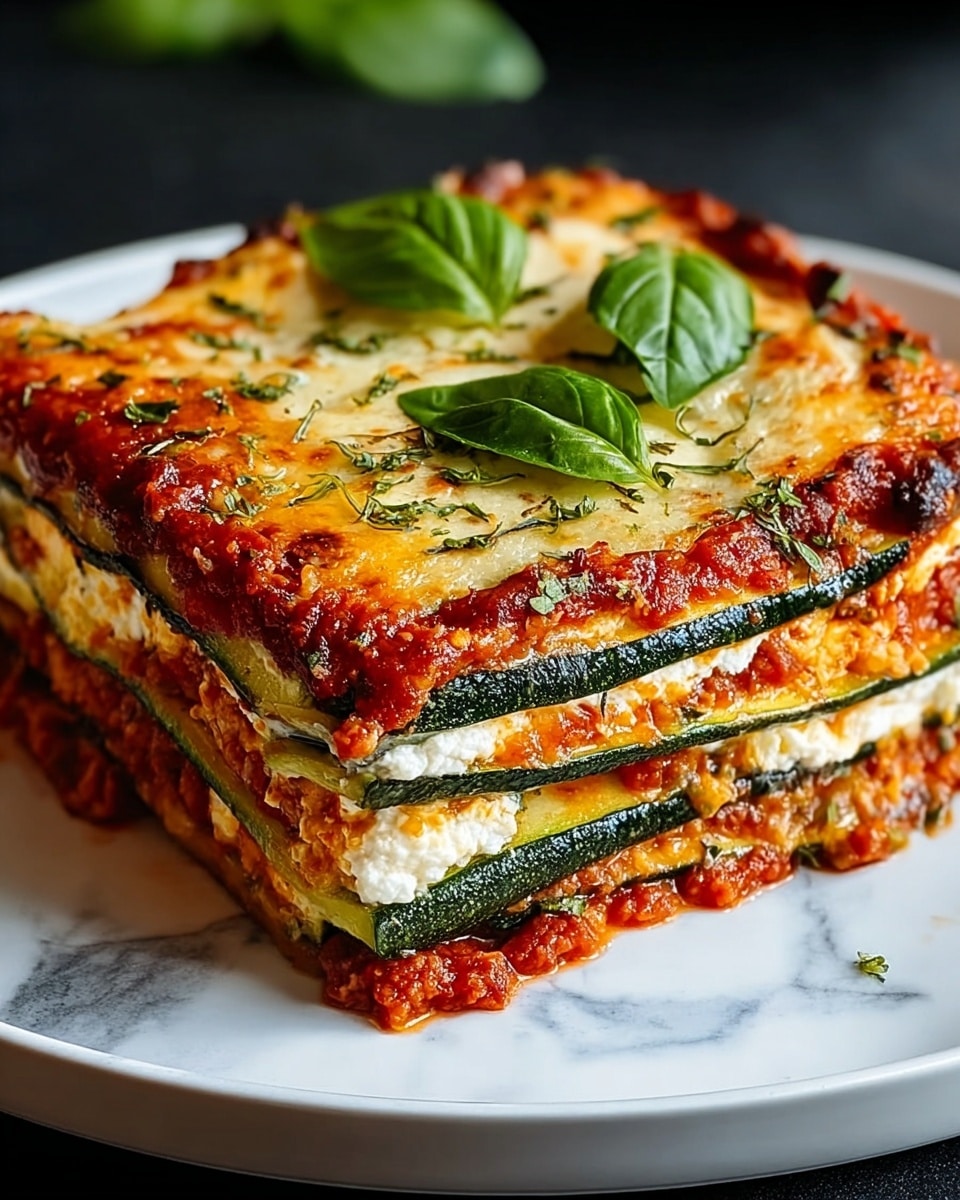 A three-layer square-shaped lasagna with green zucchini slices as each layer's base, filled with white ricotta cheese and red tomato sauce visible between the zucchini. The top layer is covered with melted golden brown cheese with small green herbs sprinkled on it and three fresh basil leaves placed on top. The dish is served on a white plate, placed on a white marbled surface. photo taken with an iphone --ar 4:5 --v 7