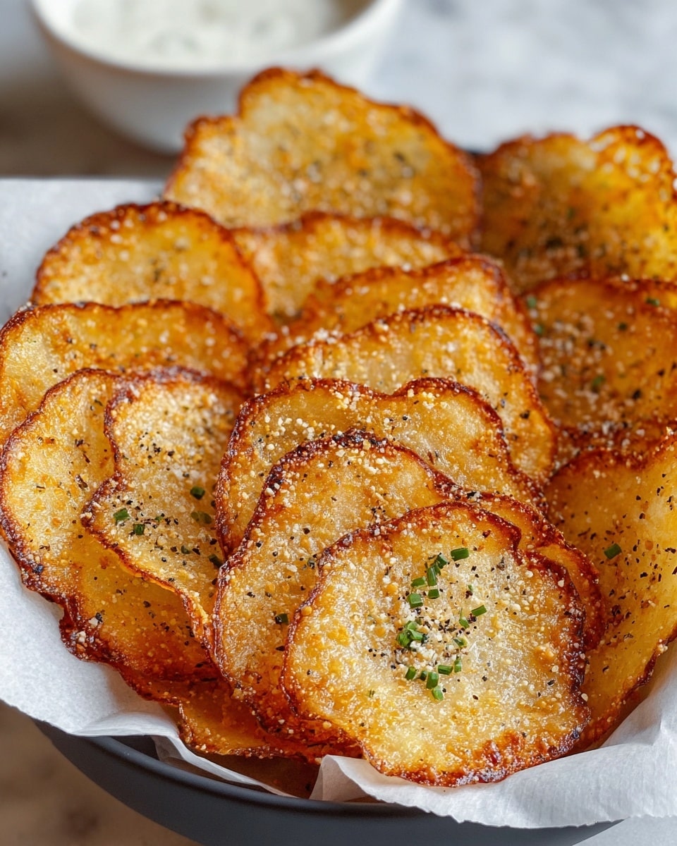 A close-up view of golden-brown, crispy cheese crisps arranged in a white bowl lined with white parchment paper. Each crisp is a thin, irregular round with browned, crunchy edges and a bubbly, slightly oily texture. The crisps are seasoned with coarse salt, black pepper, and tiny bits of green herbs scattered on top. In the blurred background, there is a white bowl of white dipping sauce on a white marbled surface. Photo taken with an iphone --ar 4:5 --v 7