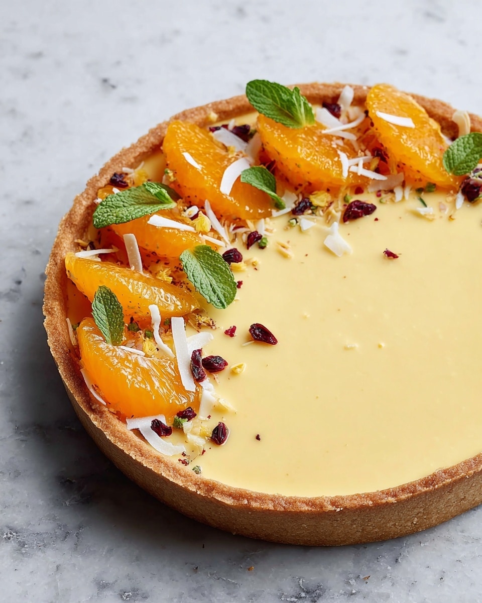A round tart with a light golden-brown crust forms the base layer, filled with a smooth, pale yellow custard, which is glossy and even on top. On one side of the tart, there is a decorative row of bright orange fruit segments, likely mandarins, standing upright and slightly overlapping. Among the orange segments, there are small green mint leaves, thin white coconut flakes, tiny dark brown cacao nibs, and a few small red dried fruit pieces scattered to add contrast and texture. The tart is placed on a white marbled surface. photo taken with an iphone --ar 4:5 --v 7