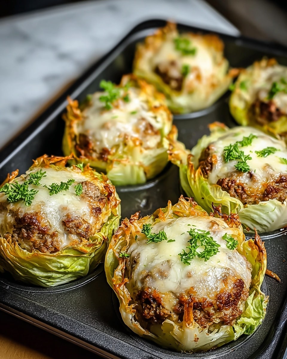 The image shows six stuffed cabbage cups arranged in two rows on a dark baking tray. Each cup has three layers: the bottom layer is a light green and slightly crispy cabbage leaf shaped like a bowl; the middle layer is a thick, browned meat patty with a crispy texture; the top layer is melted white cheese lightly browned in spots, with small green parsley pieces sprinkled on top for garnish. The edges of the cabbage leaves have a golden-brown baked look. The whole tray sits on a white marbled surface. photo taken with an iphone --ar 4:5 --v 7