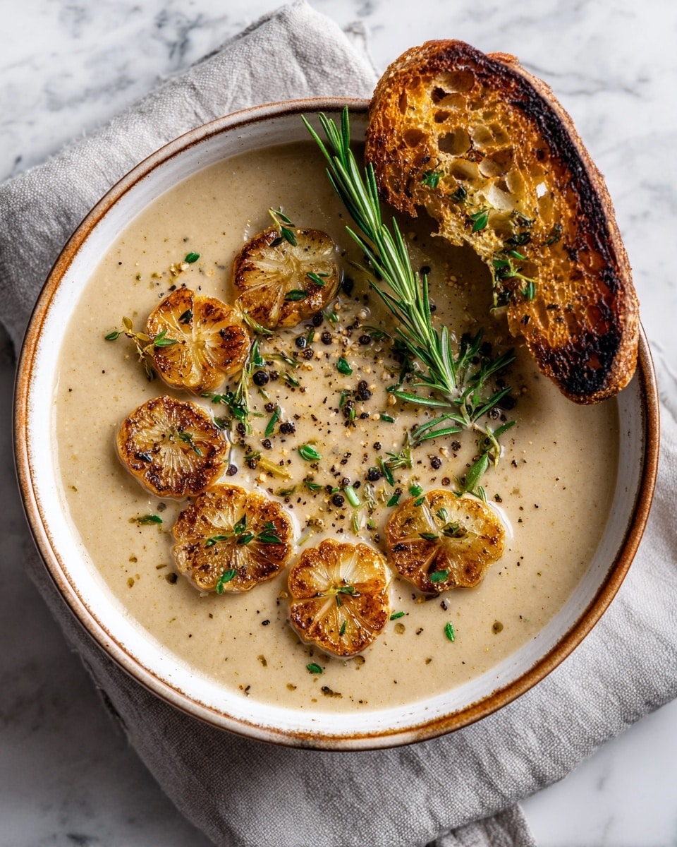 A creamy beige soup fills a white bowl lined with a brown rim, topped with six golden-brown roasted garlic slices scattered on one side, sprinkled with finely chopped green herbs and black pepper. A single fresh green rosemary sprig lies diagonally near the middle, and a slice of toasted bread with a dark, crispy edge rests on the bowl's rim, showing a honey-golden texture with herbs on top. The bowl sits on a light gray cloth over a white marbled surface. Photo taken with an iphone --ar 4:5 --v 7