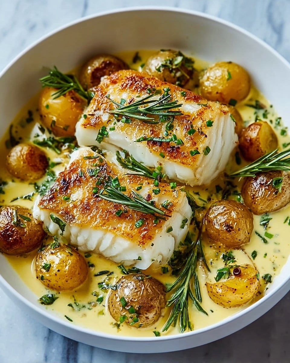 Two thick pieces of white fish with a crispy, golden-brown top layer sit in the center of a white bowl, surrounded by small golden-brown roasted potatoes. The potatoes have a slightly wrinkled texture and a light char, and the dish is covered in a creamy yellow sauce speckled with green herbs and rosemary sprigs. Fresh green rosemary and chopped parsley are scattered on top and around the fish, adding a fresh contrast to the golden colors. The bowl rests on a white marbled surface. Photo taken with an iphone --ar 4:5 --v 7