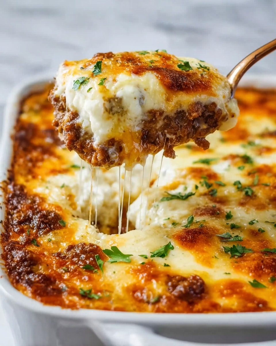 A close-up of a white baking dish filled with a cheesy casserole showing two main layers: a bottom layer of browned ground meat with a rich, crumbly texture, and a thick top layer of melted cheese that is golden and bubbly with some darker browned spots and sprinkled with fresh green parsley. A spoon lifts a portion, stretching gooey white cheese strings from the dish. The background shows a smooth white marbled surface. photo taken with an iphone --ar 4:5 --v 7